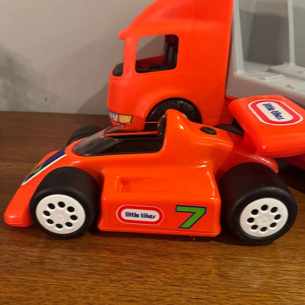 Little Tikes Racing Team Hauler Transport Truck and Race Car Set Orange Vintage - Picture 10 of 13